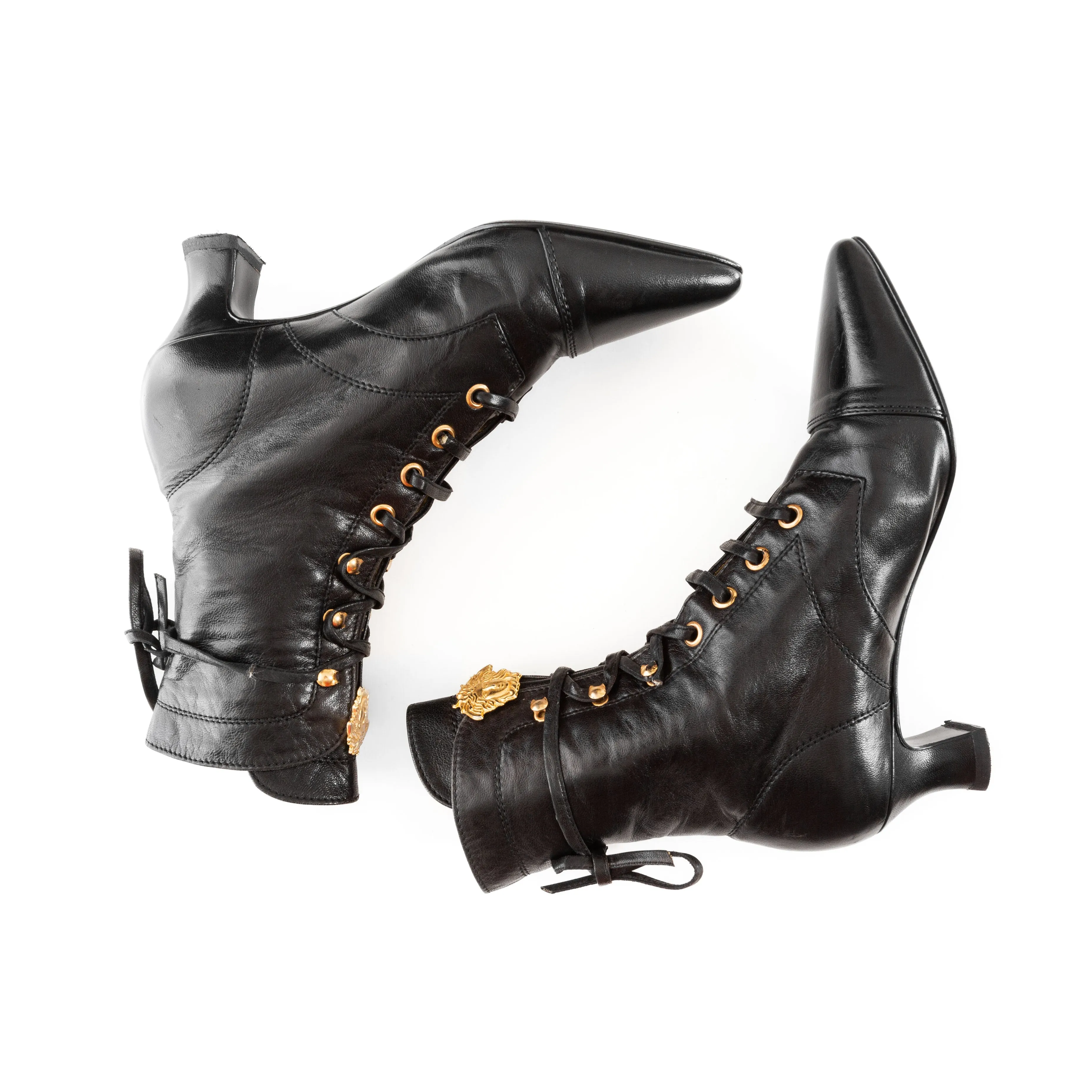 1980s Black Leather Gold-Tone Medusa Pointed Ankle Boots 35