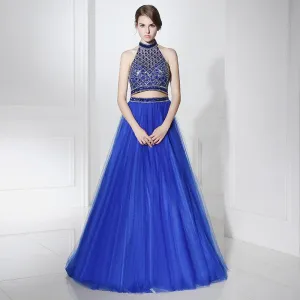 2 Pieces Royal Blue Long Prom Dresses Beaded A-Line Evening Dresses Halter Backless Formal Dresses,LX396