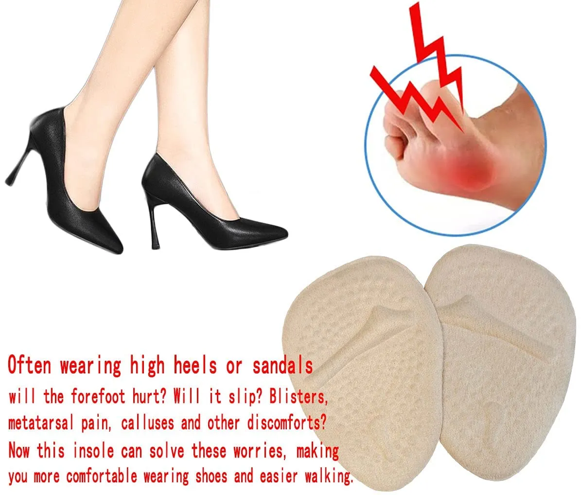 3 Pairs Metatarsal Pads for Women,Ball of Foot Cushions Soft Gel Forefoot Cushion Inserts for Women Shoes Relieves Pain and Discomfort,Sweat Absorption and Non-Slip Foot Pad and Insole (Beige)