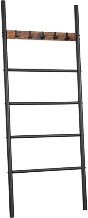 5-Tier Towel Ladder Quilts Rack with 5 Removable Hooks for Bathroom, Bedroom and Laundry Room