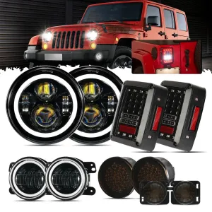 7'' LED Headlight Replacement with Halo Ring   4'' LED Fog Light   LED Smoke Tail Light   Front Turn Signal & Fender Flares Side Marker Light for Jeep Wrangler JK