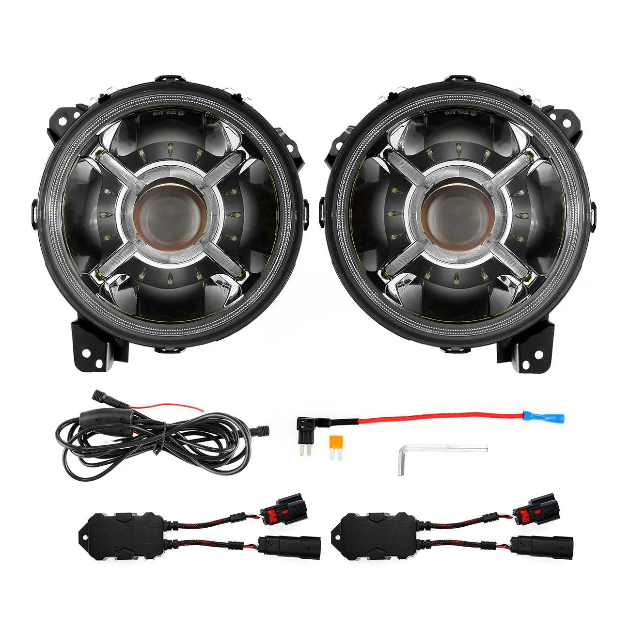 9'' Round 100W LED Headlights with DRL & 4 Inch 30W LED Fog Lights with Adapter Ring for Jeep Wrangler JL 2018-2019