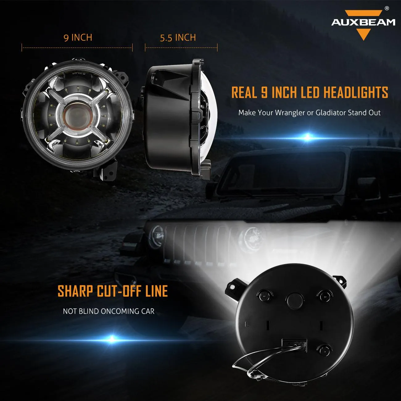 9'' Round 100W LED Headlights with DRL & 4 Inch 30W LED Fog Lights with Adapter Ring for Jeep Wrangler JL 2018-2019