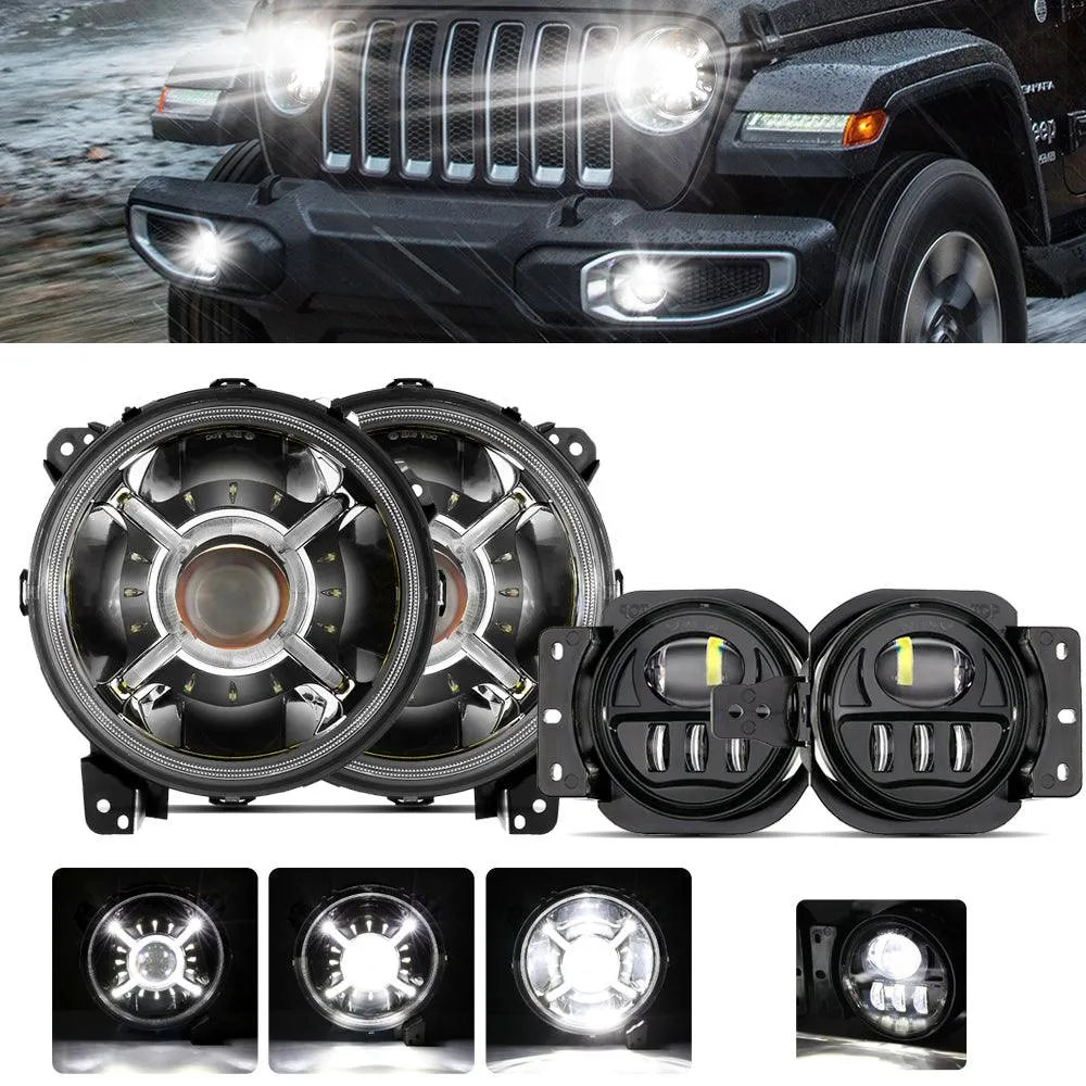 9'' Round 100W LED Headlights with DRL & 4 Inch 30W LED Fog Lights with Adapter Ring for Jeep Wrangler JL 2018-2019