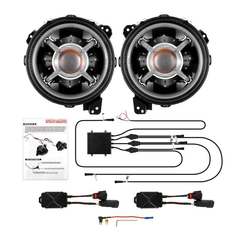 9'' Round RGB LED Headlights Bluetooth Control with DRL & 4'' 30W LED Fog Lights with Adapter Ring for Jeep Wrangler JL 2018-2019