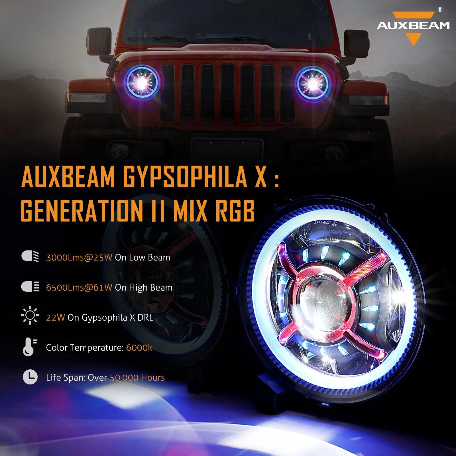 9'' Round RGB LED Headlights Bluetooth Control with DRL & 4'' 30W LED Fog Lights with Adapter Ring for Jeep Wrangler JL 2018-2019