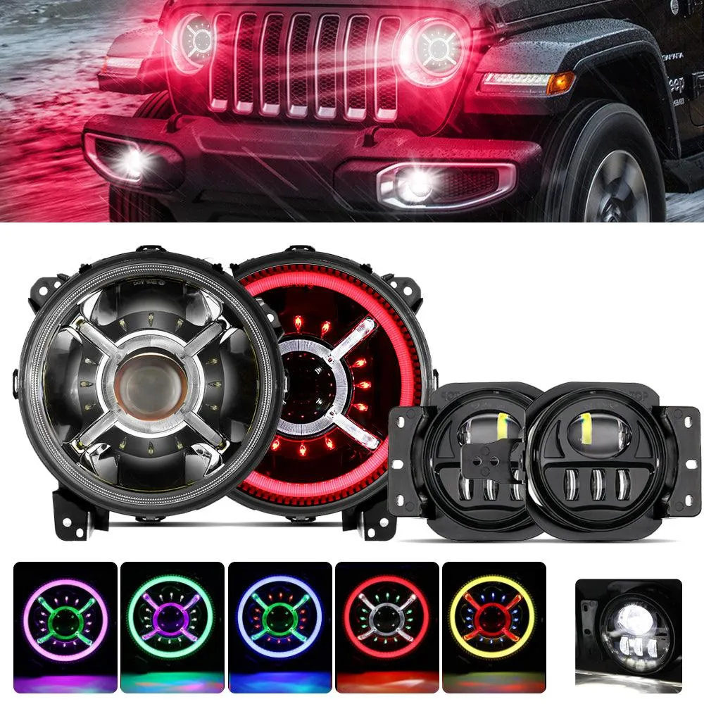 9'' Round RGB LED Headlights Bluetooth Control with DRL & 4'' 30W LED Fog Lights with Adapter Ring for Jeep Wrangler JL 2018-2019