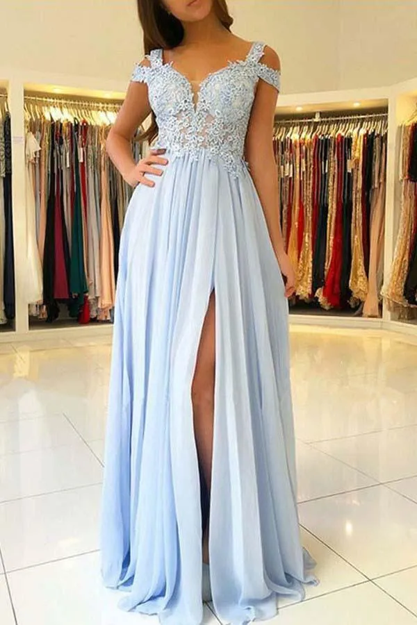 A-Line Cold Shoulder Light Blue Chiffon Prom Dress with Appliques PG610