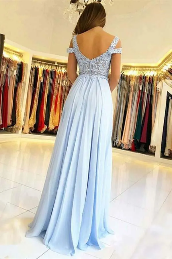 A-Line Cold Shoulder Light Blue Chiffon Prom Dress with Appliques PG610