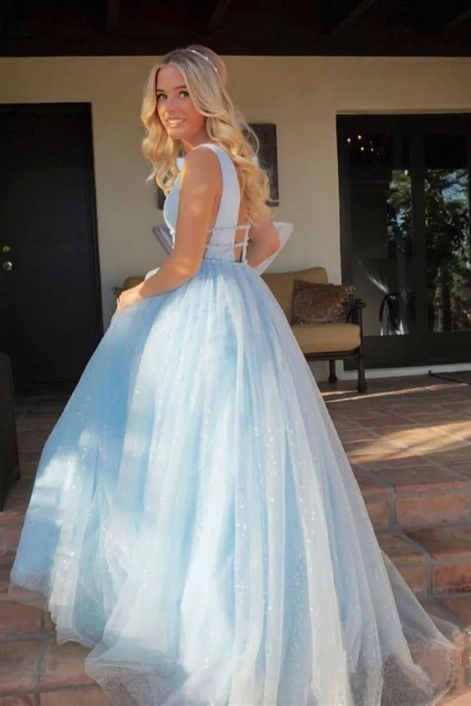 A Line Deep V Neck Ball Gown Prom Dresses Open Back White Evening Dresses,BS025