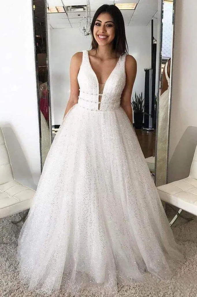 A Line Deep V Neck Ball Gown Prom Dresses Open Back White Evening Dresses,BS025