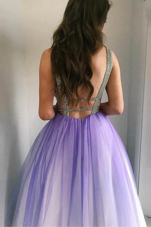 A-Line Deep V-Neck Floor-Length Purple Tulle Backless Prom Dress with Beading PG879