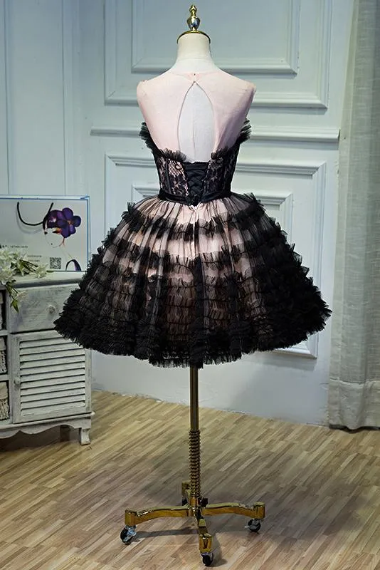 A Line Sheer Neck Tulle Homecoming Dress with Bowknot, See Through Short Formal Dress UQ1979