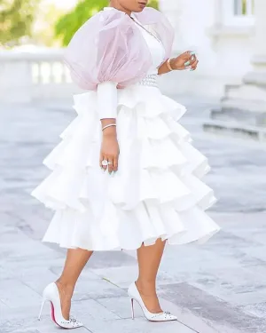 African Women Plus Size White Party Dress Vintage Puff Sleeve Cute Ruffle Tiered Layered Summer Spring Ladies Club Mini