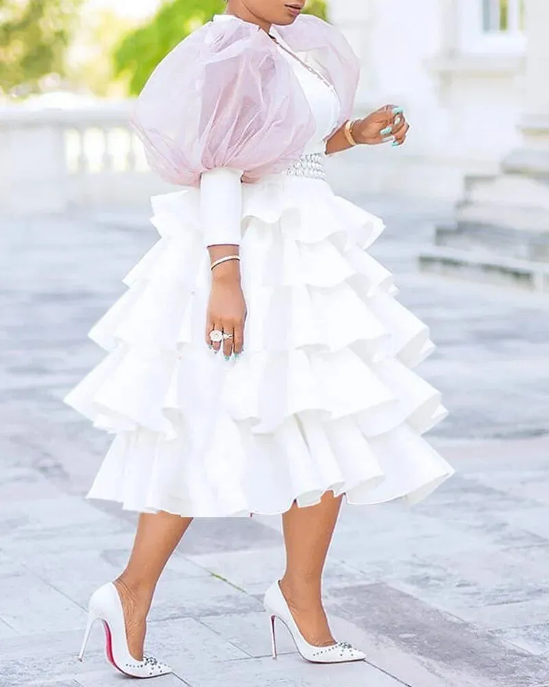 African Women Plus Size White Party Dress Vintage Puff Sleeve Cute Ruffle Tiered Layered Summer Spring Ladies Club Mini