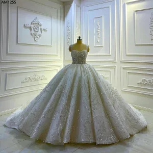 AM1255 spaghetti strap ball gown sweet heart neckline royal train luxury wedding dress