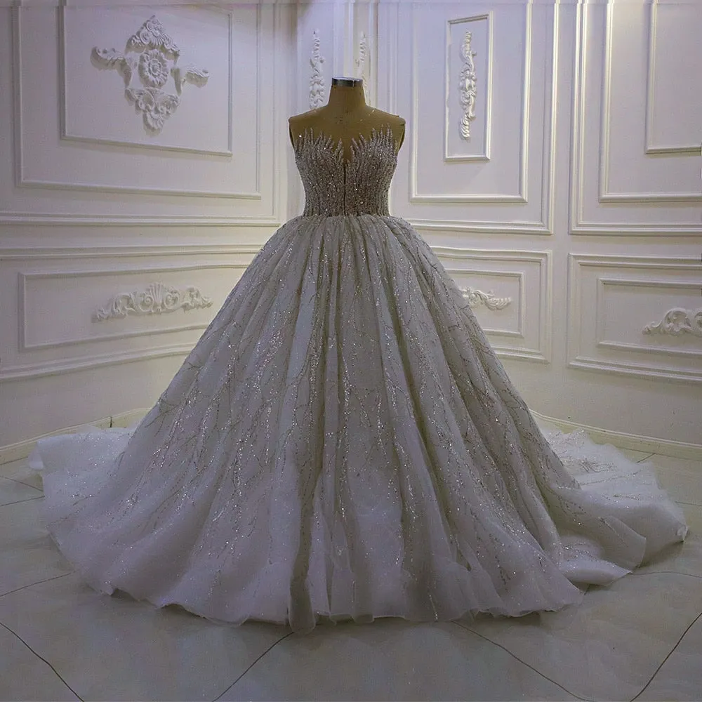 AM1358 Luxury Sleeveless Sequin Lace Ball Gown illusion neckline Luxury Wedding Dress