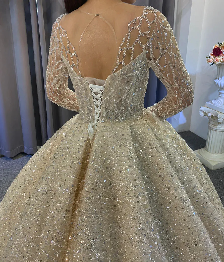 AM688 Glitter Applique Long Sleeve Affordable luxury Ball Gown Wedding Dress