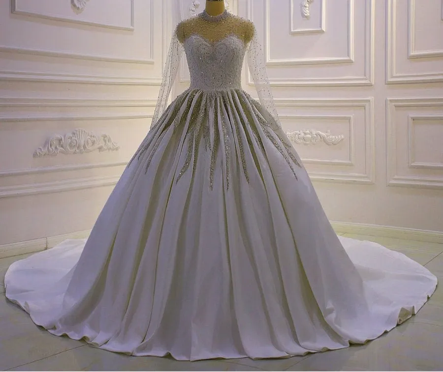 AM807 High Neck Long Sleeve Pearls Wedding Dress