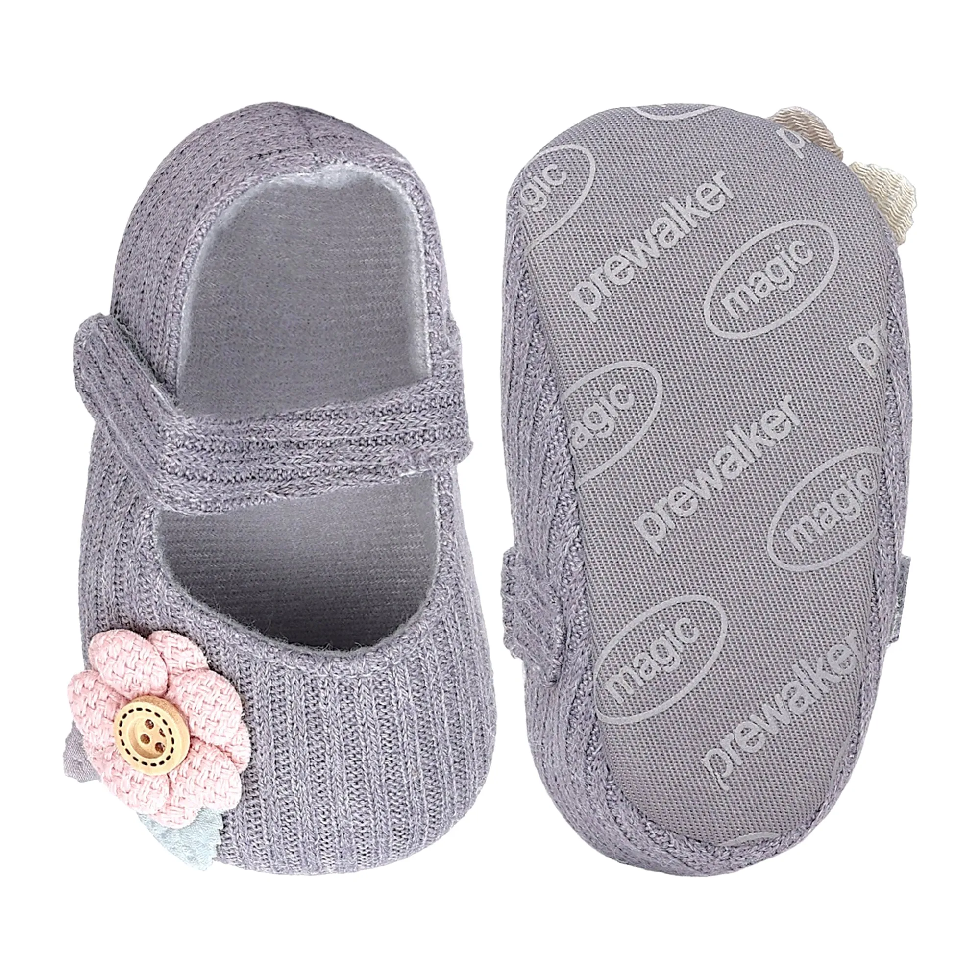 Baby Moo 3D Flower Button Velcro Strap Anti-Skid Ballerina Booties - Grey