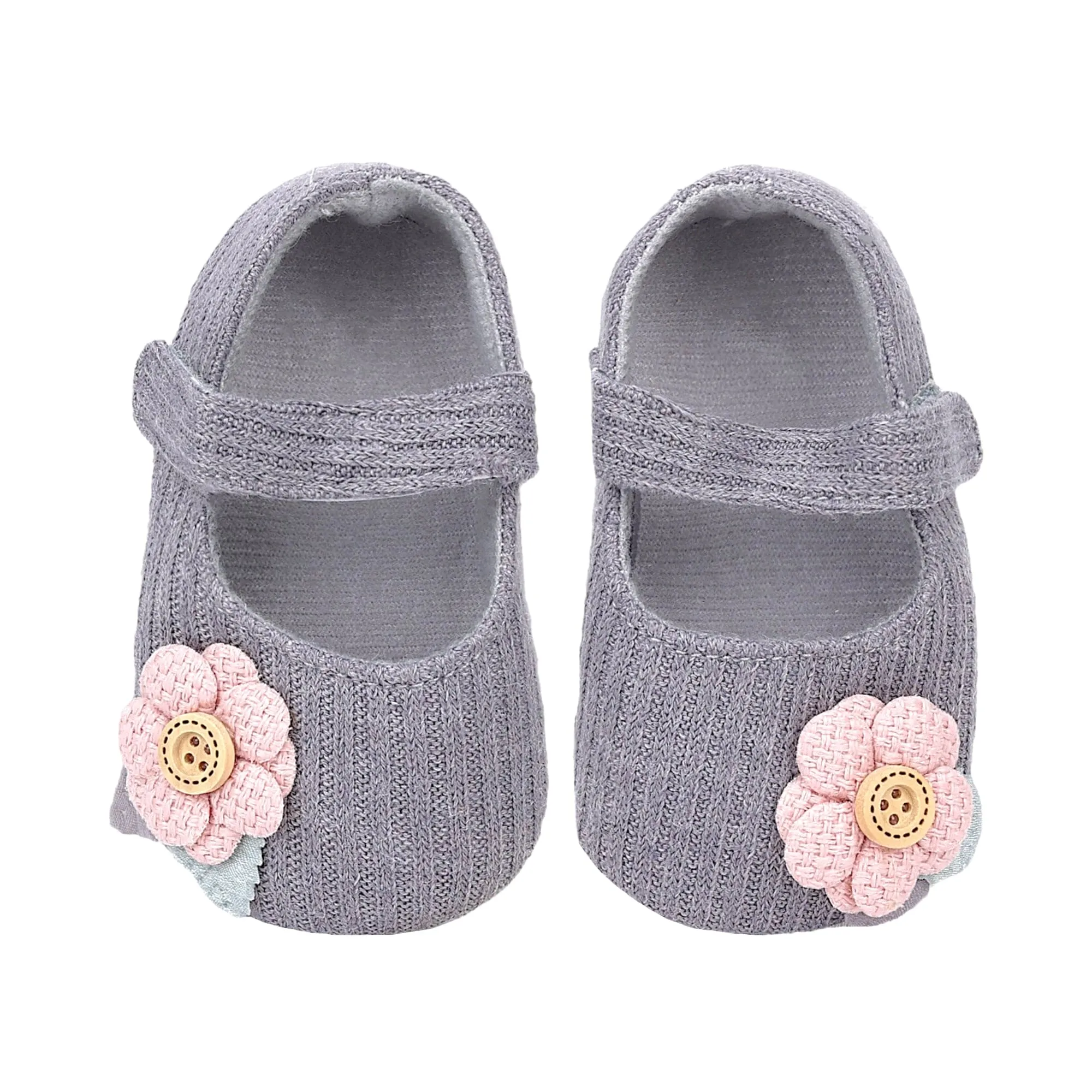 Baby Moo 3D Flower Button Velcro Strap Anti-Skid Ballerina Booties - Grey