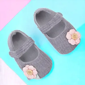 Baby Moo 3D Flower Button Velcro Strap Anti-Skid Ballerina Booties - Grey