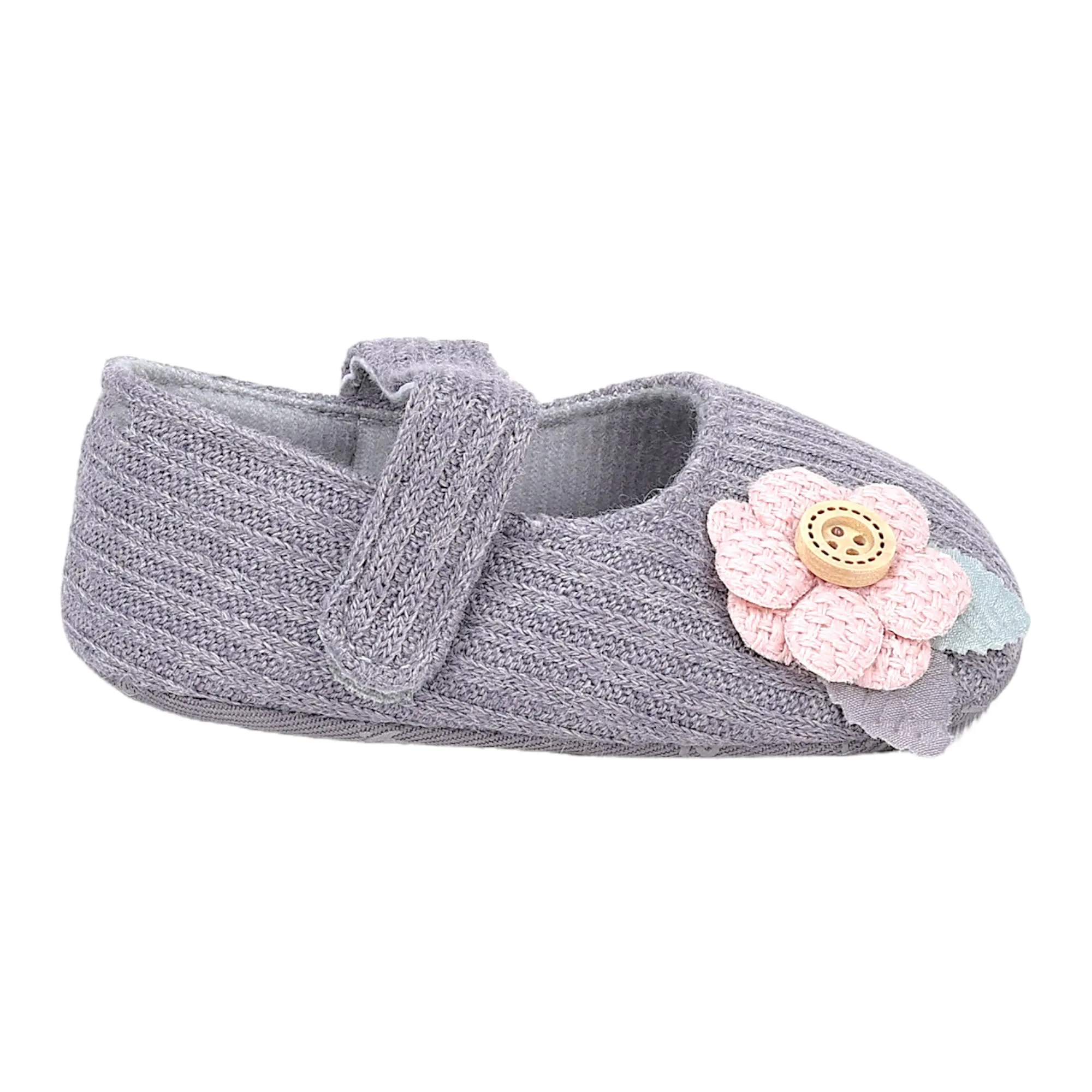 Baby Moo 3D Flower Button Velcro Strap Anti-Skid Ballerina Booties - Grey