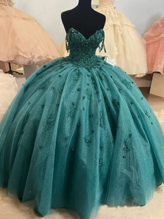 Ball Gown Beaded Quinceanera Dress Spaghetti Straps Emerald Green Quince Dress