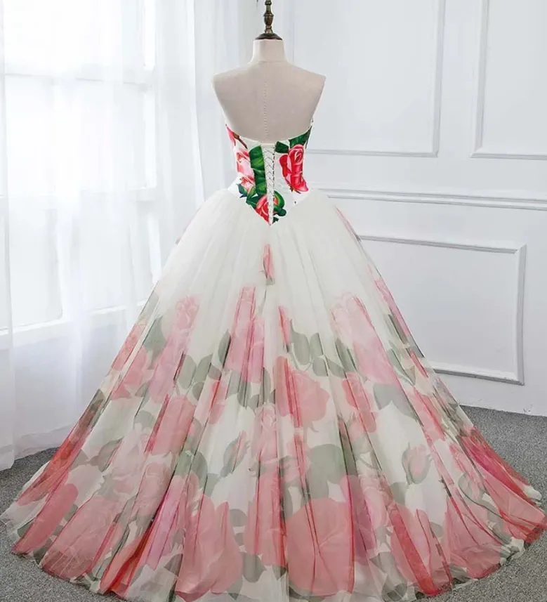 Ball Gown Floral Satin Long Tulle Evening Dresses with Lace up, Sweetheart Red Prom Dresses   cg18274