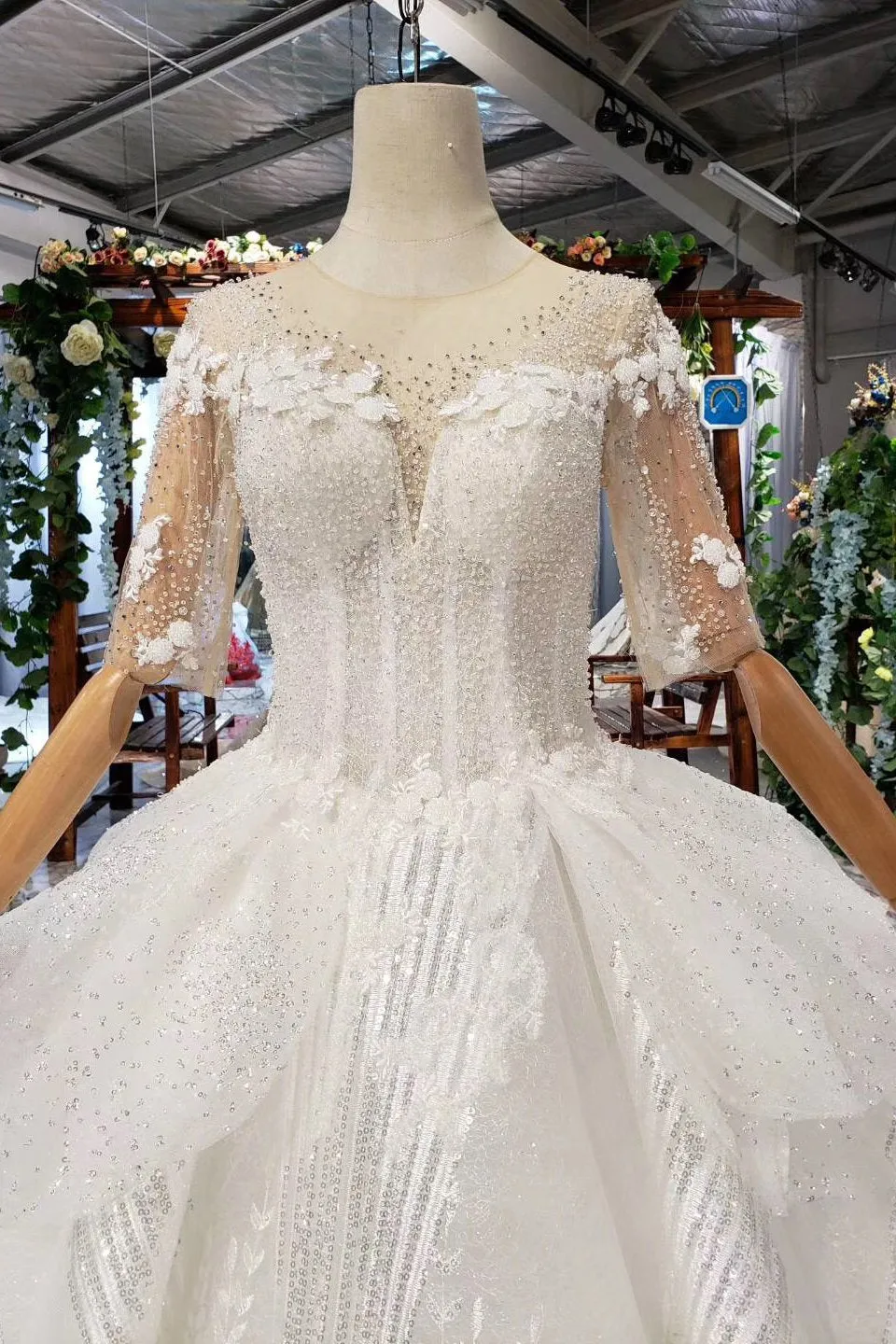 Ball Gown Half Sleeves Lace Bridal Dress with Sequins, Sheer Neck Long Wedding Dress UQ1970