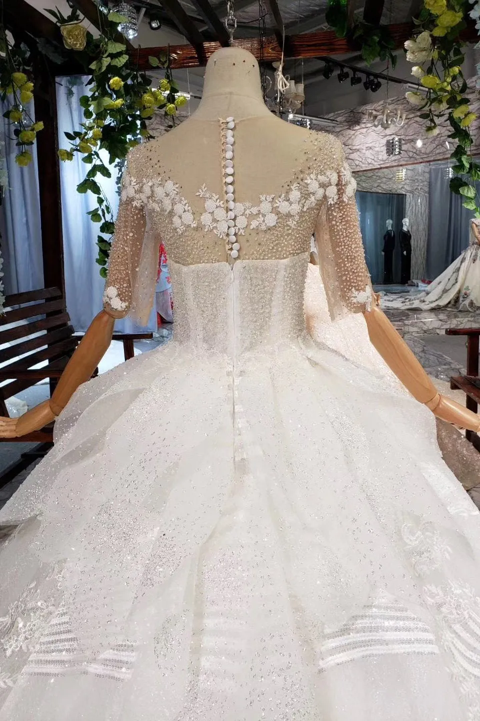 Ball Gown Half Sleeves Lace Bridal Dress with Sequins, Sheer Neck Long Wedding Dress UQ1970