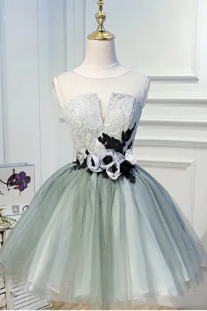 Ball Gown Homecoming Dresses See Through Hand Made Flowers Short Prom Dress Party UQH0015