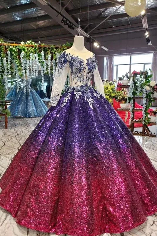 Ball Gown Long Sleeves Sequins Ombre Prom Dress, Puffy Quinceanera Dress UQ2309