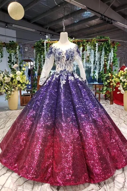 Ball Gown Long Sleeves Sequins Ombre Prom Dress, Puffy Quinceanera Dress UQ2309