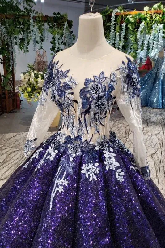 Ball Gown Long Sleeves Sequins Ombre Prom Dress, Puffy Quinceanera Dress UQ2309