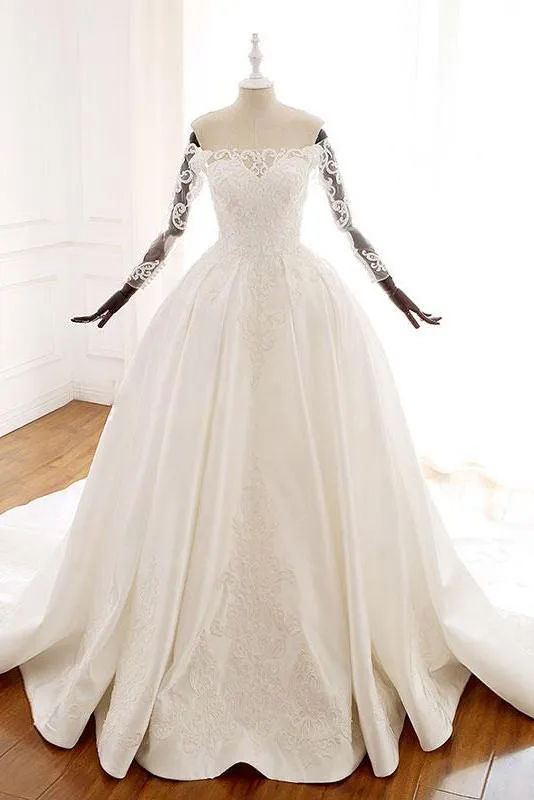 Ball Gown Long Sleeves Wedding Dress with Lace Appliques, Satin Bridal Gown UQ2582