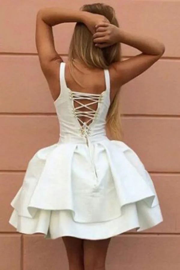 Ball Gown Straps Short Lace-up White Satin Homecoming Dress PG126