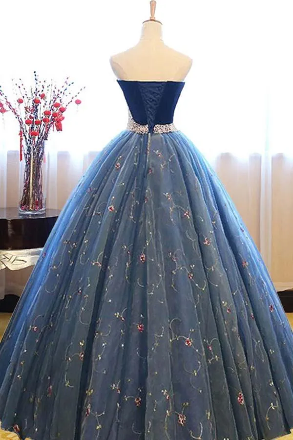 Ball Gown Sweetheart Navy Blue Lace Prom Dress with Beading PG497