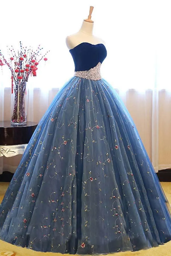 Ball Gown Sweetheart Navy Blue Lace Prom Dress with Beading PG497