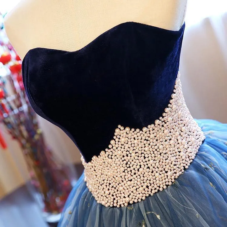 Ball Gown Sweetheart Navy Blue Lace Prom Dress with Beading PG497