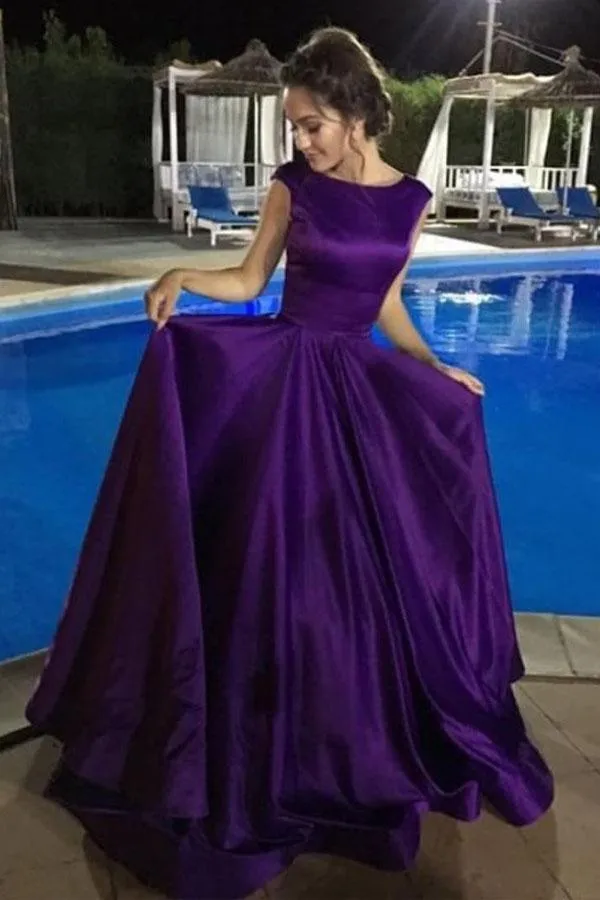 Ball Gown V-Neck Sweep Train Satin Sleeveless Backless Prom Dress PG482