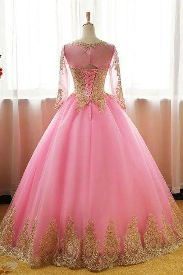 Ball Gowns Scoop Pink Tulle Applique Modest Long Prom Dress Evening Dress  PSK061