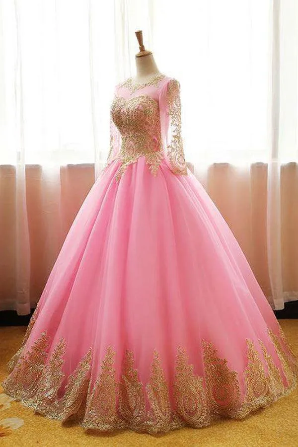 Ball Gowns Scoop Pink Tulle Applique Modest Long Prom Dress Evening Dress  PSK061