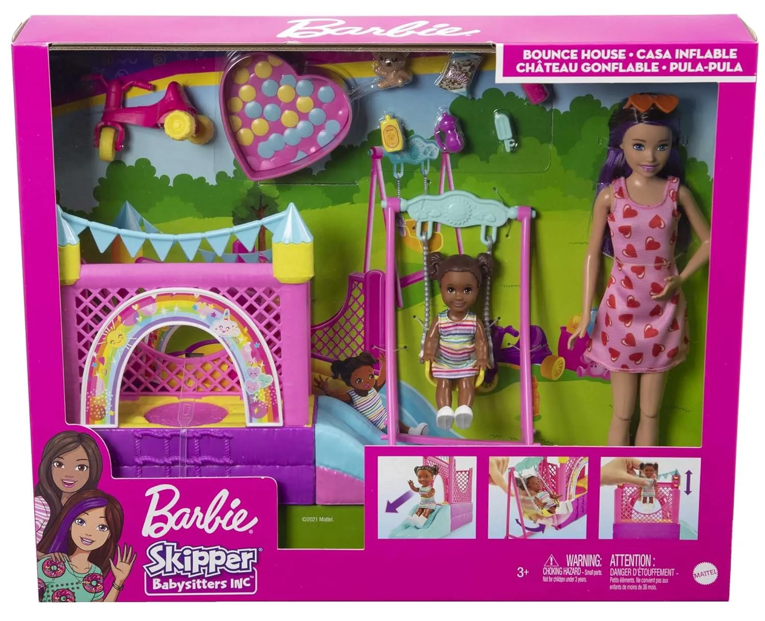 Barbie Skipper Babysitters Bounce House Playset with Skipper Babysitter Doll, Toddler Doll, Swing & Accessories for 3 Year Olds & Up