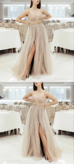 beaded v neck long champagne prom dresses tulle split for military ball   cg17234