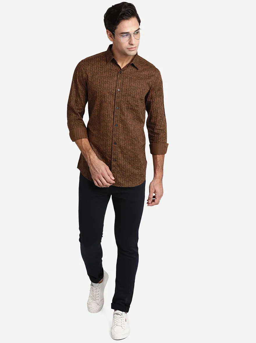 Biston Brown Printed Slim Fit Semi Casual Shirt | JadeBlue