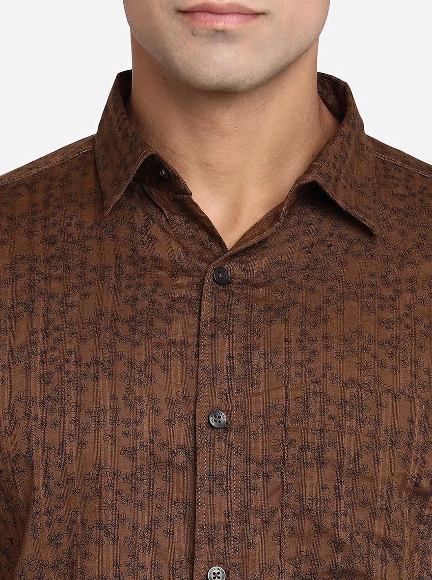 Biston Brown Printed Slim Fit Semi Casual Shirt | JadeBlue