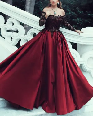 Black and Burgundy Lace Off Shoulder Ball Gown Prom Dresses