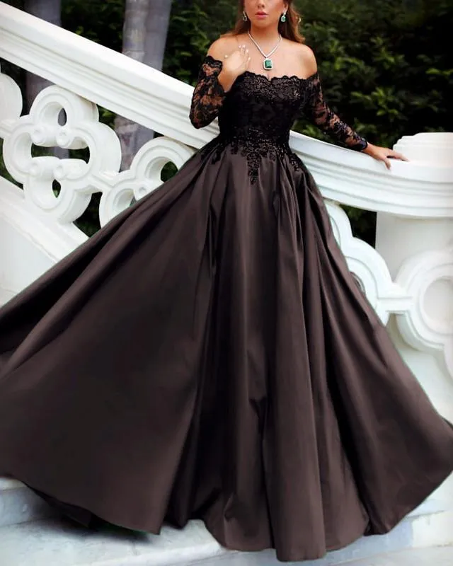 Black and Burgundy Lace Off Shoulder Ball Gown Prom Dresses