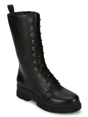 Black PU Calf Length Lace Up Boots